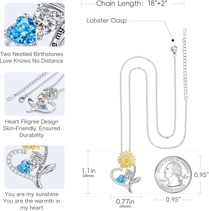 PERJI Valentine's Day Gifts for Women - 925 Sterling Silver Double Birthstone Sunflower Necklace, Anniversary Birthday Jewelry You are My Sunshine Gifts for Wife Couple Girlfriend 18"+2" Non Tarnish