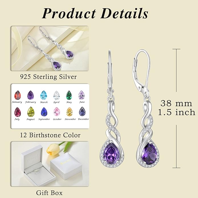 Infinity Dangle Drop Earrings for Women 925 Sterling Silver Teardrop Leverback Earrings Birthstone Jewelry Gifts for Women Wife Girlfriend Mother Daughter Her