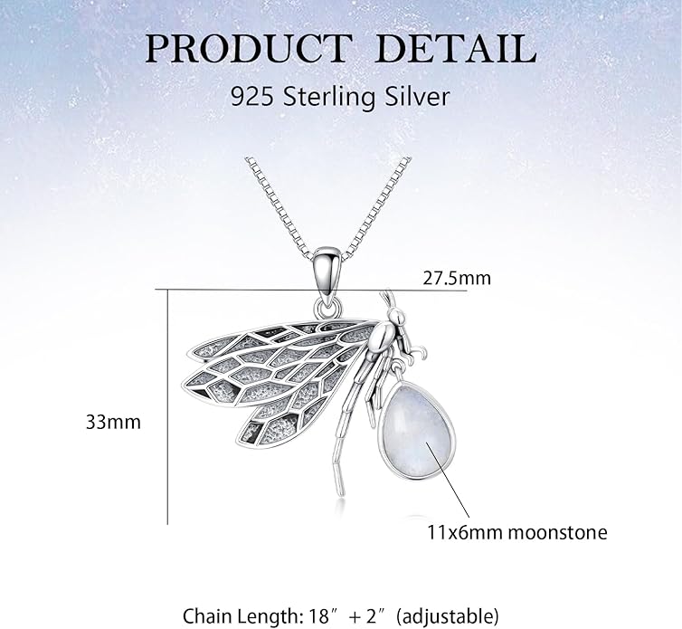Vintage Dragonfly Necklace 925 Sterling Silver Genuine Moonstone Pendant Mystical Boho Jewelry Birthday Gift for Women