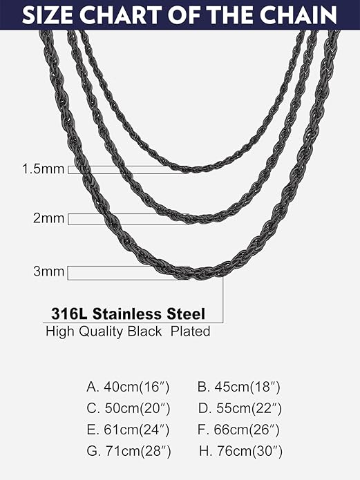 Bandmax Solid 1.5mm/2mm/3mm/6mm Rope Chains for Men Women 14K Gold Plated/Black Plated Stainless Steel Twist Chain 16-30 Inches, with Gift Box