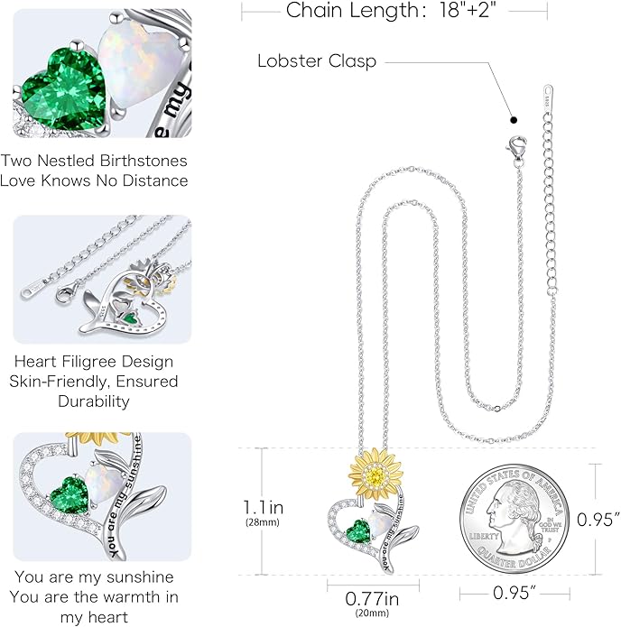PERJI Valentine's Day Gifts for Women - 925 Sterling Silver Double Birthstone Sunflower Necklace, Anniversary Birthday Jewelry You are My Sunshine Gifts for Wife Couple Girlfriend 18"+2" Non Tarnish