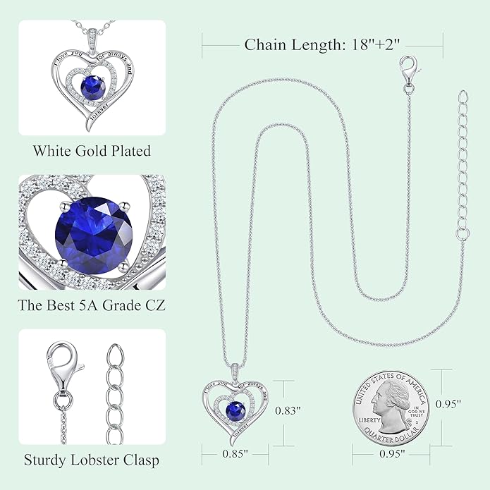 S925 Sterling Silver Necklace for Women, Christams Gift for Women, Love Heart Birthstone Necklaces for Women, Wife Jewelry, Mom Birthday Valentines Mothers Day Gifts, Girlfriend Necklaces, Daughter Heart Jewel, Anniversary for Her