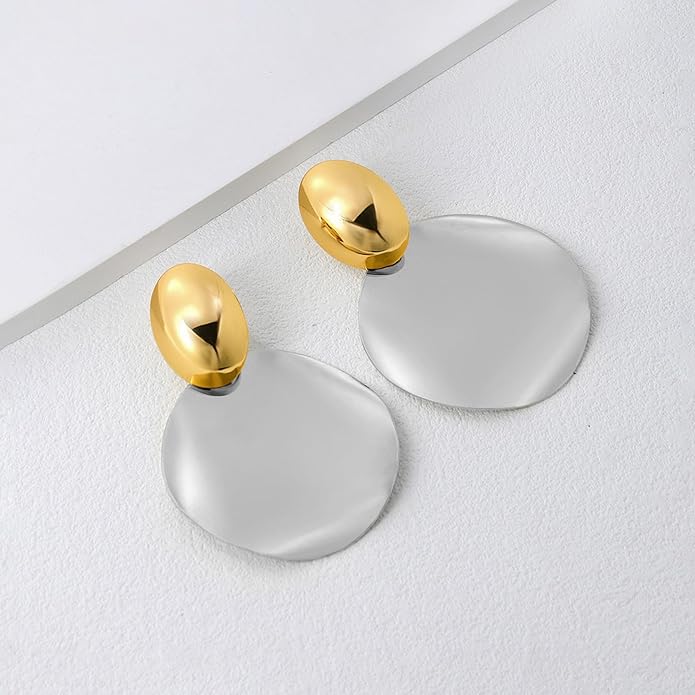 FAMARINE Big Disc Drop Earrings Gold Dangle Earrings Round Hammered Earrings Women