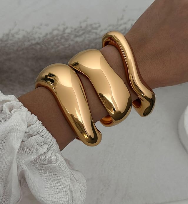 Chunky Gold Bangle Bracelets for Women, 14k Dainty Gold Cuff Stackable Bracelet Set, Trendy Bracelet Stack Fashion Jewelry Gifts