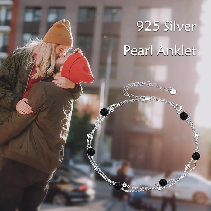 CRMAD Pearl/Moonstone/Larimar/Turquoise/Opal/Black Onyx Bracelet Anklet for Women Sterling Silver Beach Jewelry Gift for Women