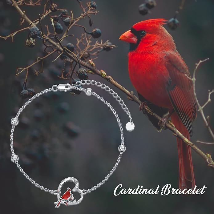 Red Cardinal Bracelet with Diamond 925 Sterling Silver Cardinal Bracelet for Women Cardinal Jewelry Gift for Her Anniversary Birthday Christmas