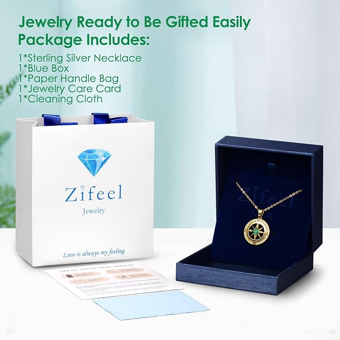 Zifeel Compass Necklace Gifts for Women wife - S925 Sterling Silver Birthstone Necklaces for Women - Anniversary Birthday Gifts for Her Wife Girlfriend - Valentines Mom Mothers Day Christmas Gifts Jewelry for Women