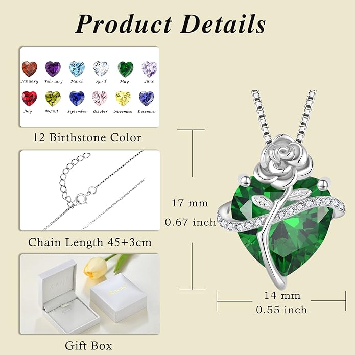 Birthstone Necklace for Women 925 Sterling Silver Love Heart Rose Flower Necklace Dainty Jewelry Gifts for Women Wife Girlfriend Mother Daughter Her