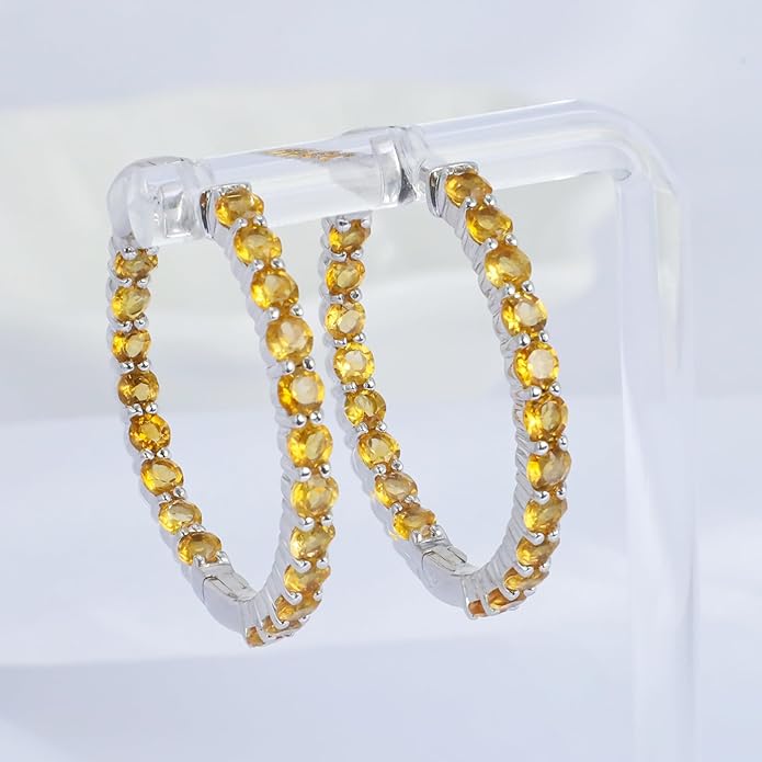 Hoop Earrings with 40 Colored Gemstones, Birthstone Earrings, 925 Sterling Silver Rhodium Plated, Push Back Closure, 1.18'