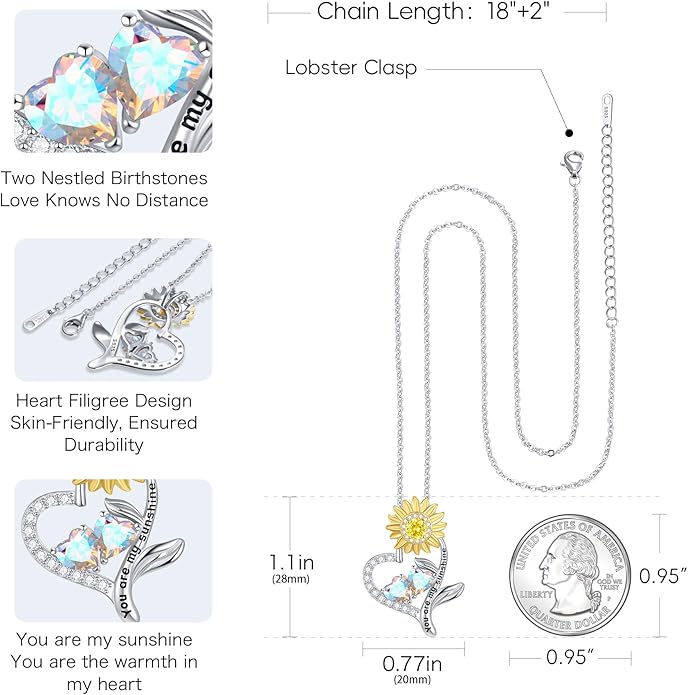 PERJI Valentine's Day Gifts for Women - 925 Sterling Silver Double Birthstone Sunflower Necklace, Anniversary Birthday Jewelry You are My Sunshine Gifts for Wife Couple Girlfriend 18"+2" Non Tarnish