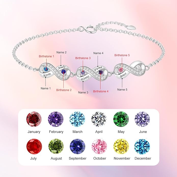 BABOOM Personalized Birthstone Bracelet for Mom Custom Infinity Name Bracelets with 1-8 Birthstones Jewelry Mothers Day Gifts for Women Mother Wife Grandma