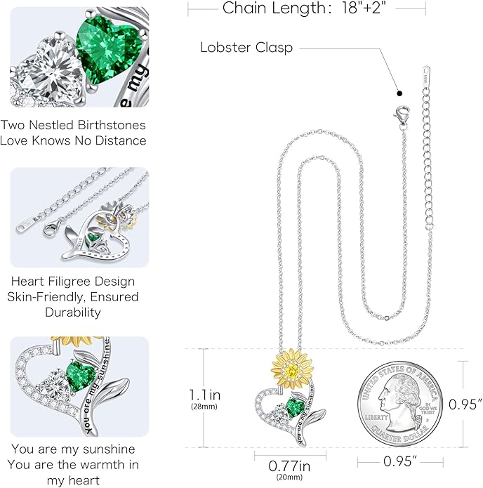 PERJI Valentine's Day Gifts for Women - 925 Sterling Silver Double Birthstone Sunflower Necklace, Anniversary Birthday Jewelry You are My Sunshine Gifts for Wife Couple Girlfriend 18"+2" Non Tarnish