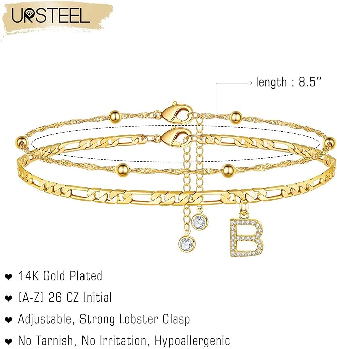 Ursteel Ankle Bracelets for Women, 14K Gold Plated Dainty Layered Chain CZ Initial Anklets Summer Jewelry Gifts for Women