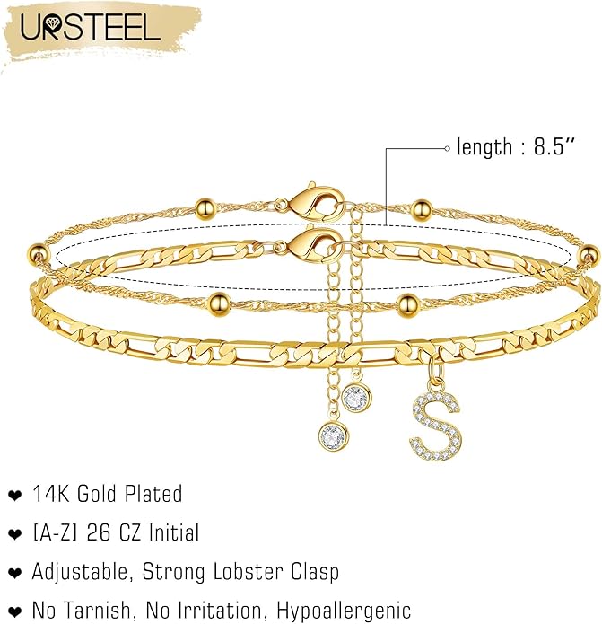 Ursteel Ankle Bracelets for Women, 14K Gold Plated Dainty Layered Chain CZ Initial Anklets Summer Jewelry Gifts for Women