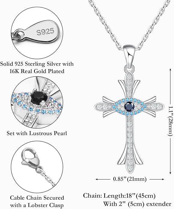 Evil Eye Cross Necklace Third Eye Protection Faith Cross Pendant Necklace Sterling Silver Gift for Women Birthday Christmas