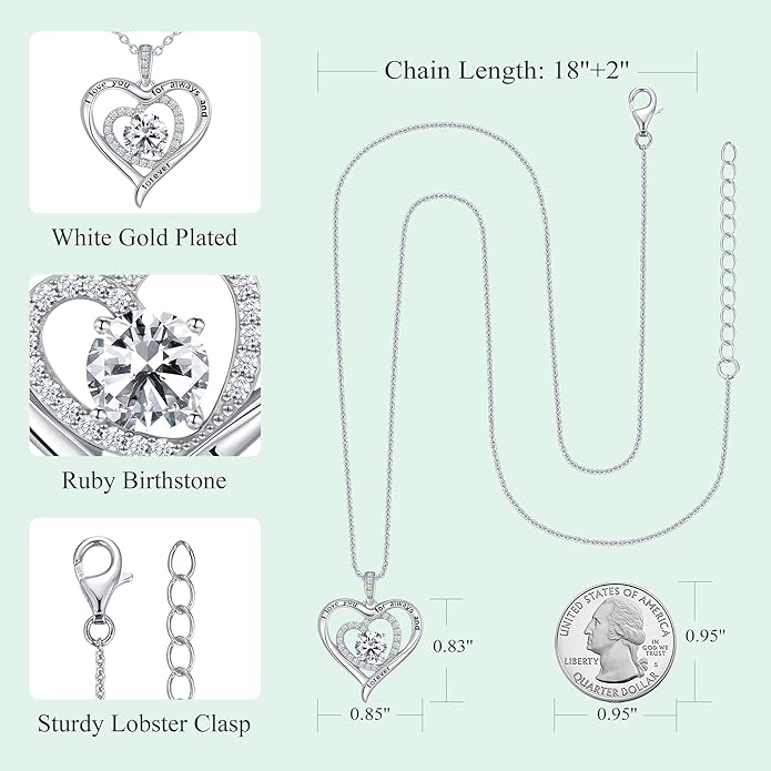 S925 Sterling Silver Necklace for Women, Christams Gift for Women, Love Heart Birthstone Necklaces for Women, Wife Jewelry, Mom Birthday Valentines Mothers Day Gifts, Girlfriend Necklaces, Daughter Heart Jewel, Anniversary for Her