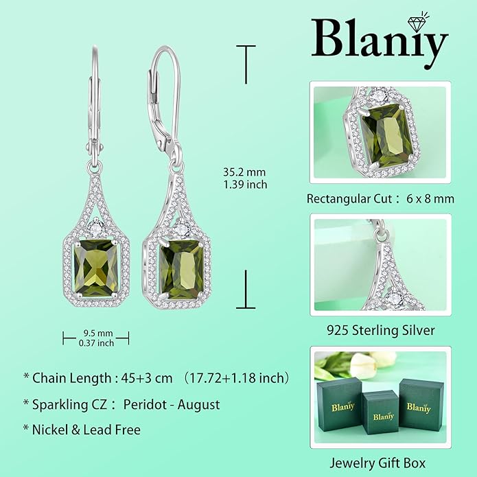 Emerald Cut Dangle Drop Earrings 925 Sterling Silver Halo Rectangular Leverback Earrings Birthstone Jewelry for Women