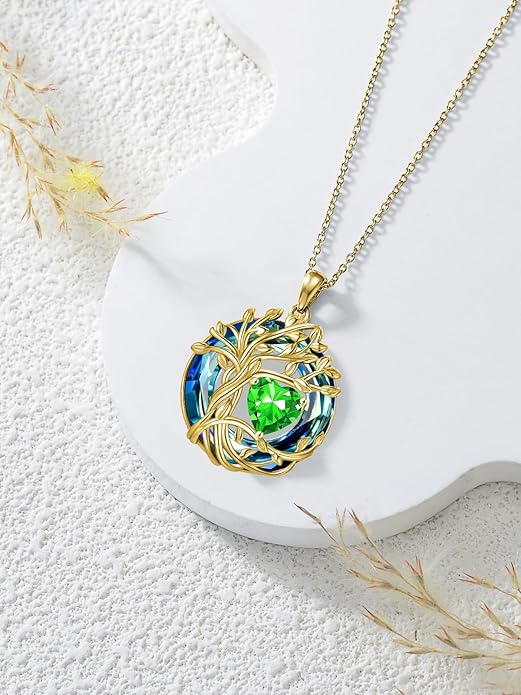 TOUPOP Christmas Gifts Tree of Life Birthstone Necklace 925 Sterling Silver Pendant Austrian Crystal Jewelry Anniversary Birthday Gifts for Women Mom Her Wife