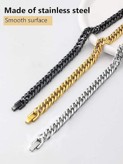8/12/17mm Wide Cuban Link Bracelet for Men Father Gift 18K Gold/Black Plated Stainless Steel Bracelets 7.4-9 Inches(Gift Wrapped)