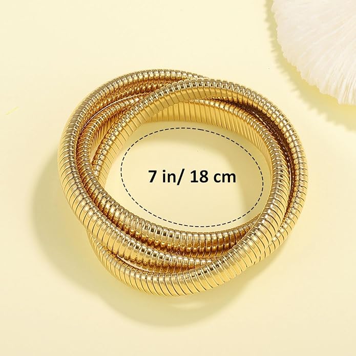 Emibele Gold Bangles Bracelet Set for Women, 18K Gold Plated Chunky Stainless Steel Non Tarnish Stretch Bracelet Stack, Flexible Wide Wristband Bangle Layered Snake Chain Bracelets