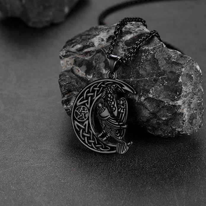 FaithHeart Viking Raven Necklace for Men, Norse Mythology Raven Skull Pendant Sturdy Stainless Steel Amulet Jewelry Gift for Men