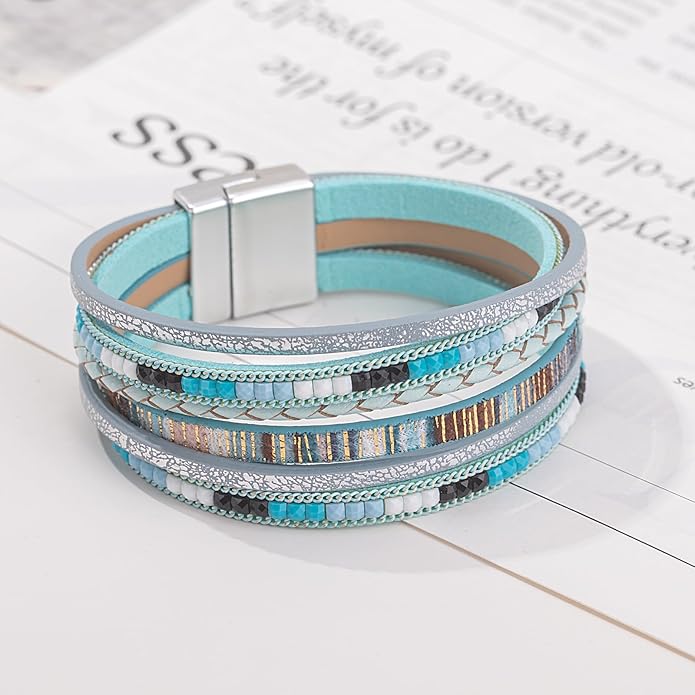 FANCY SHINY Boho Leather Wrap Bracelets Trendy Layered Bracelets with Magnetic Clasp Strackable Bohemian Jewelry Gifts for Women