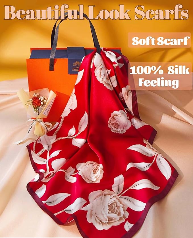 kcctoo 27.5" Mulberry Silk Feeling Head Scarf Women's Fashion Square Neck Satin Scarfs for Bag Hair Scarves Gift
