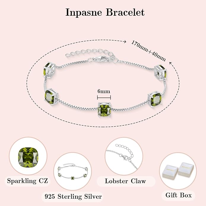 Birthstone Bracelet for Women 925 Sterling Silver Dainty Princess Cut Link Bracelet Jewelry Gifts for Her