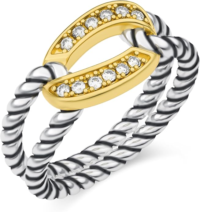 Two-Tone Wide Statement Ring for Women - Gold Silver Crossover Band with Ribbed Texture - Modern Fashion Jewelry Cocktail Ring - Mixed Metal Layered Design