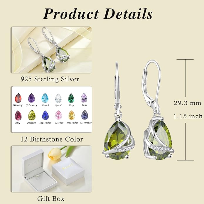 Birthstone Dangle Drop Earrings for Women 925 Sterling Silver Teardrop Leverback Earrings Jewelry Gifts for Wife Mother Her