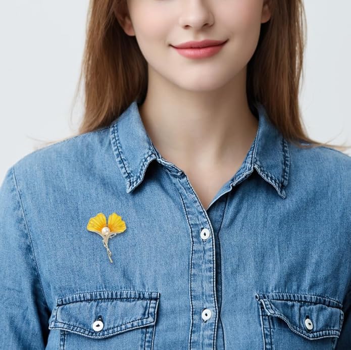 Gold Ginkgo Leaf Brooch Yellow Flower Lapel Pin Blazer Dress Jacket Suit Clothing Jewelry Vintage Inspired Birthday Festival Gift for Women