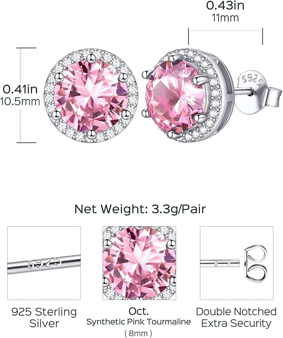 ChicSilver 925 Sterling Silver Birthstone Earrings for Women, 8MM/2 Carat Heart & Round Cubic Zirconia Stud Earrings, Hypoallergenic Jewelry, Ideal Birthday or Christmas Gifts
