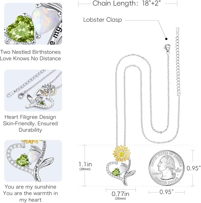 PERJI Valentine's Day Gifts for Women - 925 Sterling Silver Double Birthstone Sunflower Necklace, Anniversary Birthday Jewelry You are My Sunshine Gifts for Wife Couple Girlfriend 18"+2" Non Tarnish