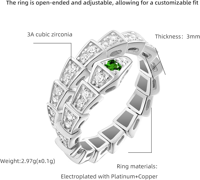 Aura & lrena Adjustable Snake Rings for Wome, 18K Gold or Platinum Plating Open-Ended Ring with AAA Cubic Zirconia Fashion Jewelry, Statement Gift Design Rings for Men and Women Non Tarnish