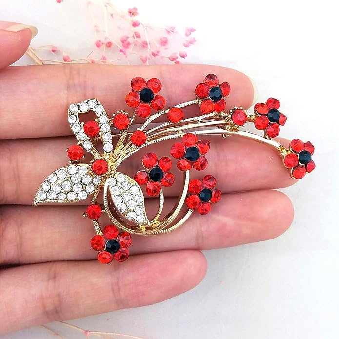 YOQUCOL Red Colour Zircon Crystal Poppy Flower Bouquet Shape Brooch Pins for Woman Gift