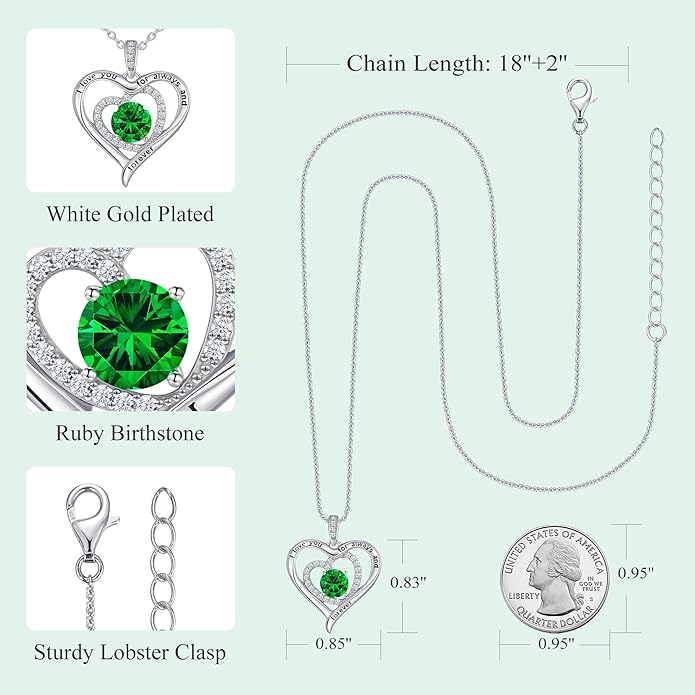 S925 Sterling Silver Necklace for Women, Christams Gift for Women, Love Heart Birthstone Necklaces for Women, Wife Jewelry, Mom Birthday Valentines Mothers Day Gifts, Girlfriend Necklaces, Daughter Heart Jewel, Anniversary for Her