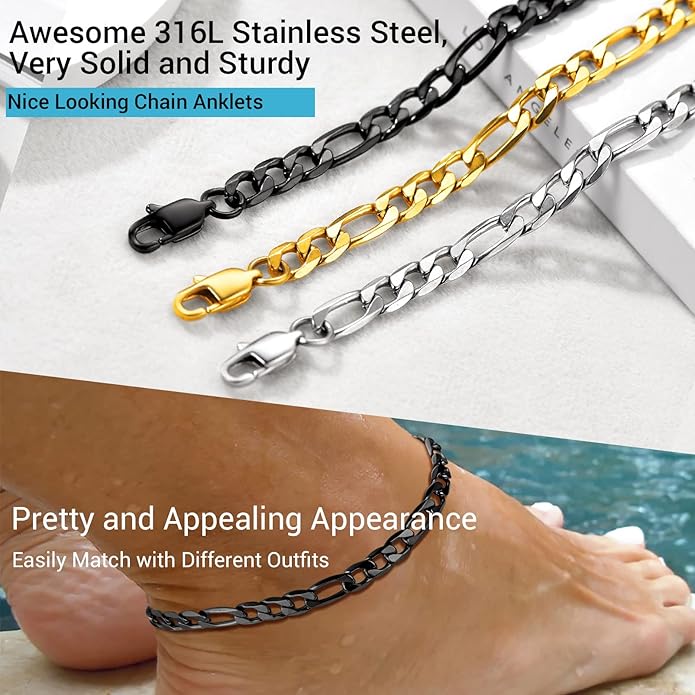 PROSTEEL Stainless Steel Chain Anklets for Women, Silver/Gold Tone, Ankle Bracelets Hypoallergenic, 8-10.5 Inch Adjustable, Come with Box