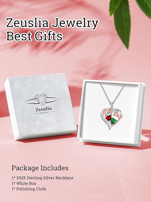 Zeuslia Double Birthstone Necklace Gifts for Wife - 925 Sterling Silver Sunflower/Rose/Crown Cross/Compass/Heart Pendant I Love You Necklace, Anniversary Birthday Gifts for Wife Girlfriend Mom Her