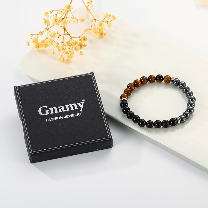 Triple Protection Bracelet for Men, Mens Black Obsidian Hematite Tiger Eye Beaded Natural Stone Evil Eye Bracelet Jewelry Gifts for Birthday Christmas