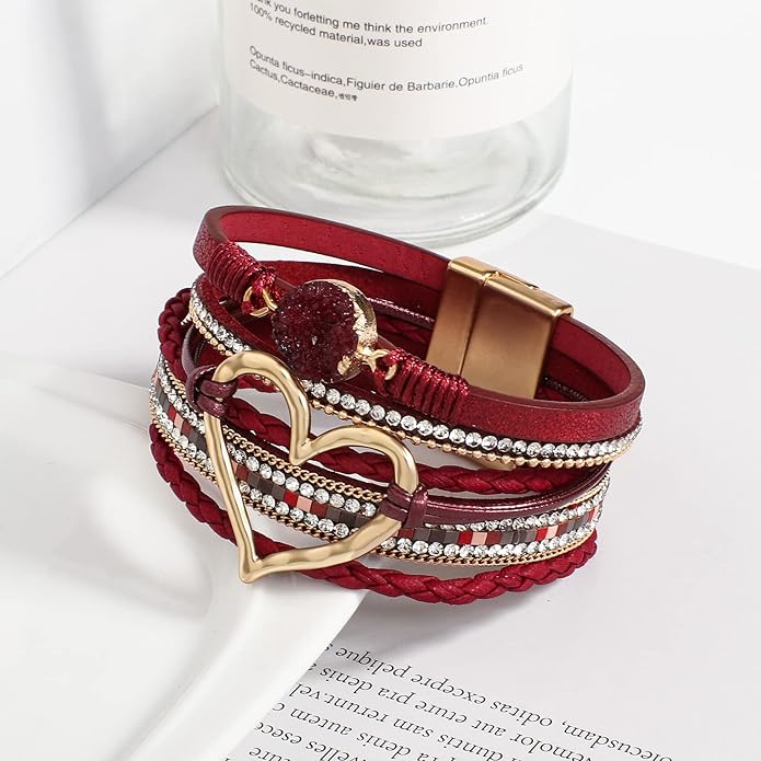 Leather Wrap Bracelet for Women Beaded Cuff Bracelet with Heart-shape Decor Bohemian Crystal Bracelet Jewelry with Clasp Bangle Bracelet for Women Girls Birthday Holiday Gift