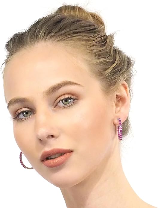 Hoop Earrings with 40 Colored Gemstones, Birthstone Earrings, 925 Sterling Silver Rhodium Plated, Push Back Closure, 1.18'