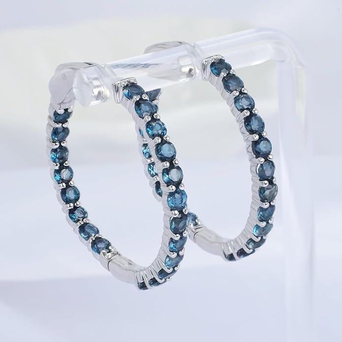 Hoop Earrings with 40 Colored Gemstones, Birthstone Earrings, 925 Sterling Silver Rhodium Plated, Push Back Closure, 1.18'