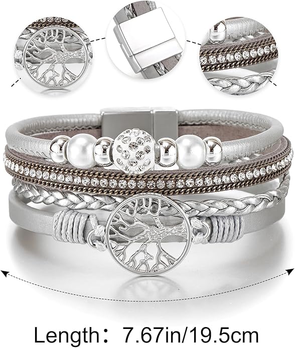 Edoneery Leather Wrap Bracelet for Women, Boho Handmade Multi-Layer Cuff with Crystal Beads Heart, Stackable Bangle Western Jewelry Gift