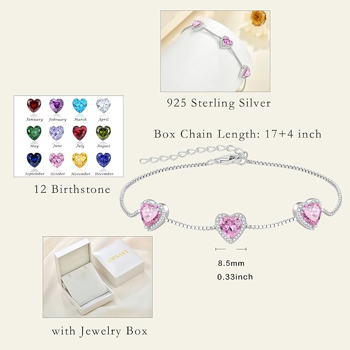 Love Heart Bracelet 925 Sterling Silver Halo Heart Birthstone Bracelet Jewelry Gifts for Women