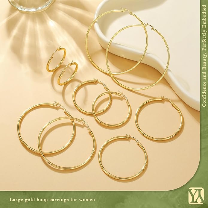 YOUNGYUE 925 Sterling Silver Hoop Earrings for Women Hypoallergenic Oversize 14K Gold Hoops Earrings for Women Thin Gold Plated Hoop earrings Lightweight Large Silver Hoop Earrings 30/40/50/60/70mm