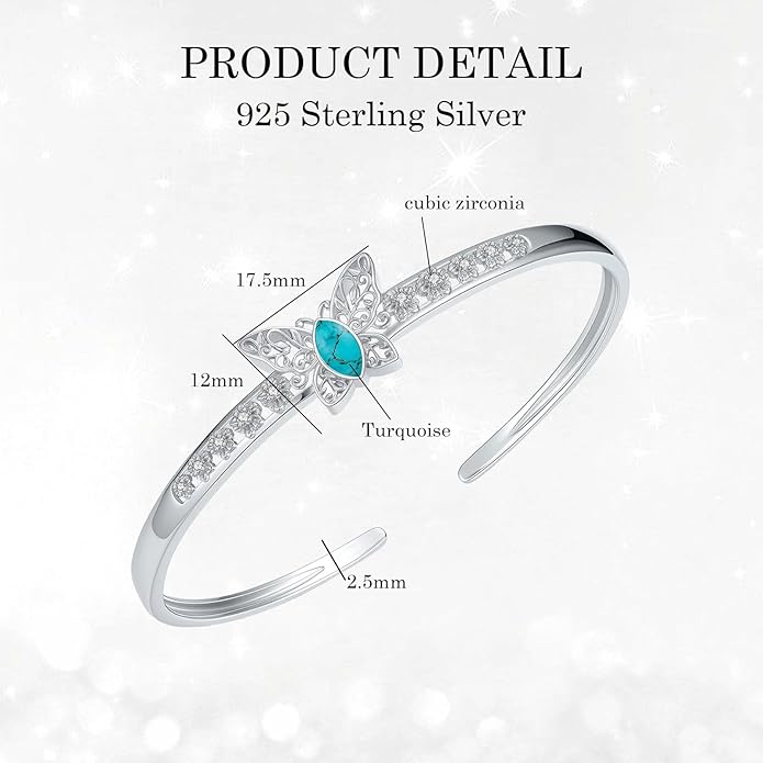 Butterfly Filigree Cuff Bracelet with CZ, 925 Sterling Silver Adjustable Natural Gemstone Bangle, Vintage Boho Jewelry Gift for Her
