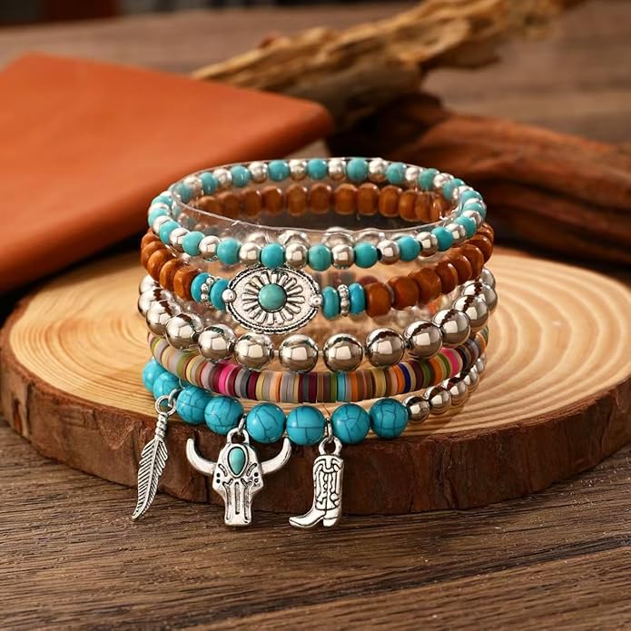 ONLYJUMP Bohemian Mix Bead Multi Layer Versatile Bracelets Set Boho Turquoise Stackable Beaded Strand Stretch Bangles Bracelets Statement Bangle Boho Jewelry Set