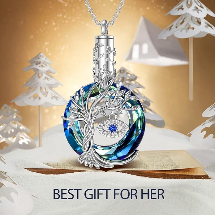 TOUPOP Evil Eye Necklace 925 Sterling Silver Tree of Life Circle Crystal Pendant Necklace Protection Jewelry Amulet Christmas Gifts for Women Her