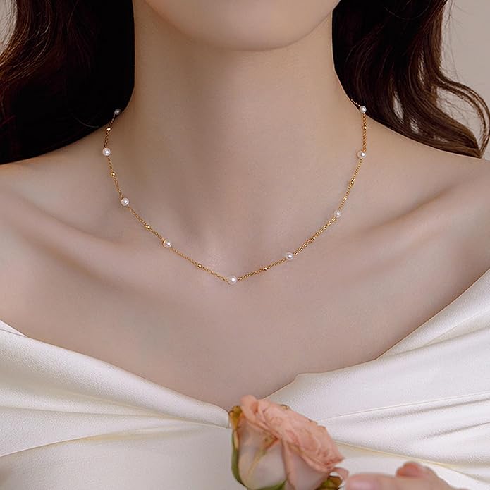 SmileBelle Pearl Necklaces for Women, Daisy Pearl Choker as Y Shaped Pearls Jewelry Gold Heart Necklace for Anniversary Birthday Gifts White Baroque Necklace as Wedding Jewelry