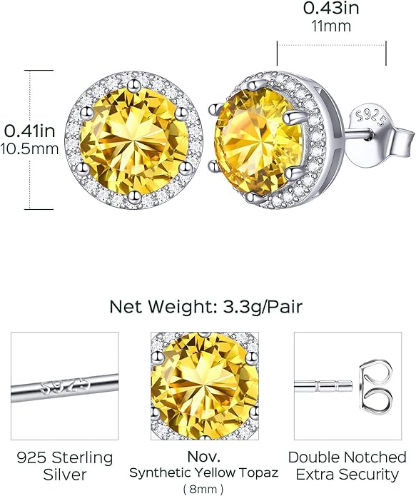 ChicSilver 925 Sterling Silver Birthstone Earrings for Women, 8MM/2 Carat Heart & Round Cubic Zirconia Stud Earrings, Hypoallergenic Jewelry, Ideal Birthday or Christmas Gifts